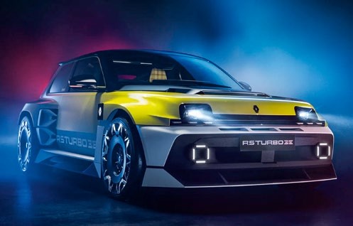 The all-electric Renault 5 Turbo 3E, showcasing a modern design with retro hints, features a striking yellow and gray color scheme and is highlighted in the article about its impressive performance and technology.