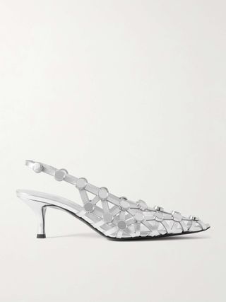 Grid Studded Metallic Leather Slingback Pumps