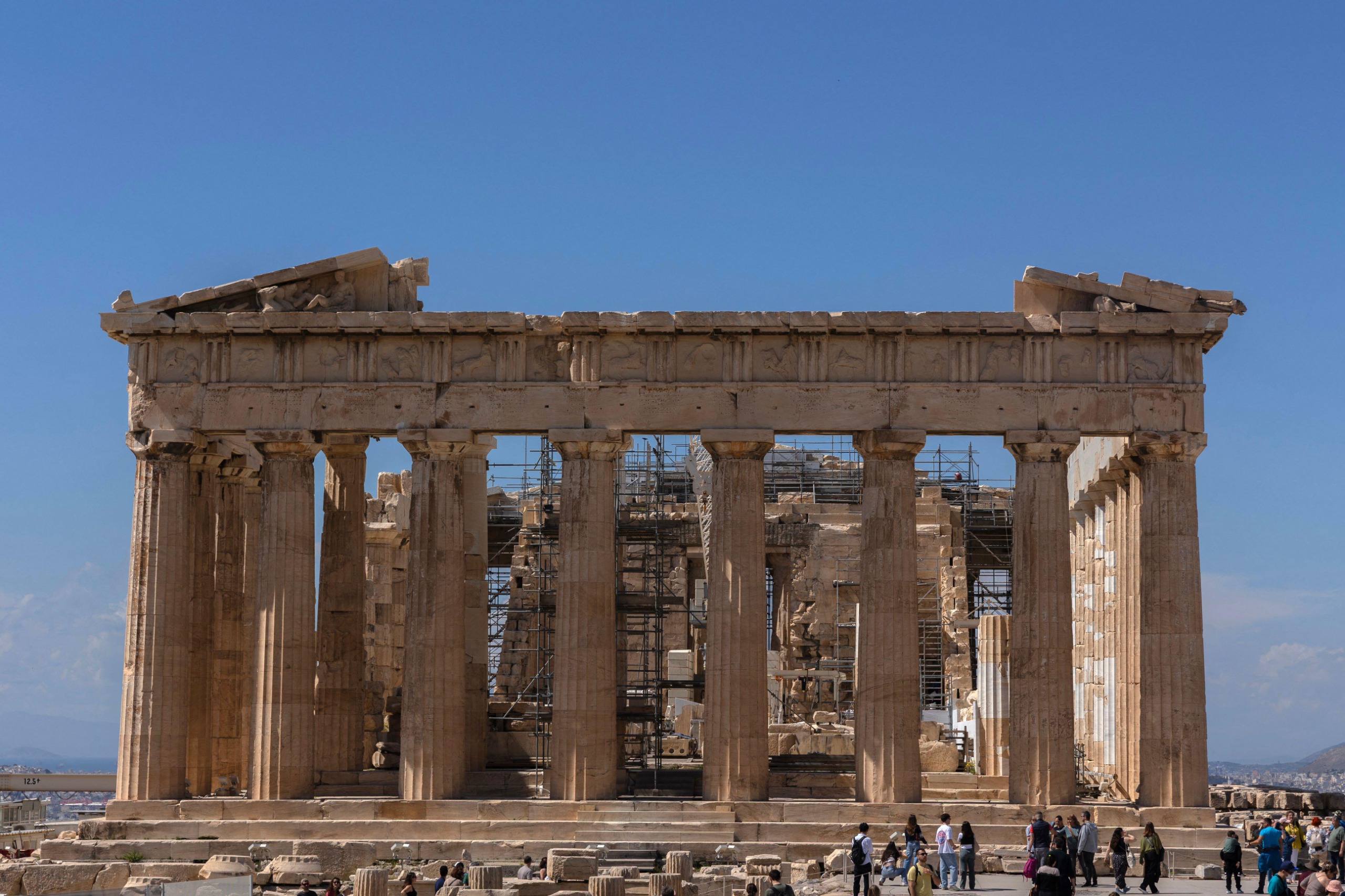 A front-on view of the Parthenon, showing the missing spots where the marbles would be.