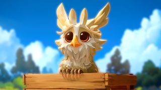 Fantastic Haven trailer screenshot showing a wide-eyed baby griffin looking up out of a wooden crate