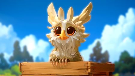 Fantastic Haven trailer screenshot showing a wide-eyed baby griffin looking up out of a wooden crate