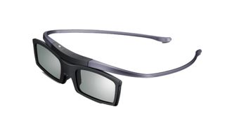 A close-up of a pair of Samsung-branded, Active 3D glasses against a white background