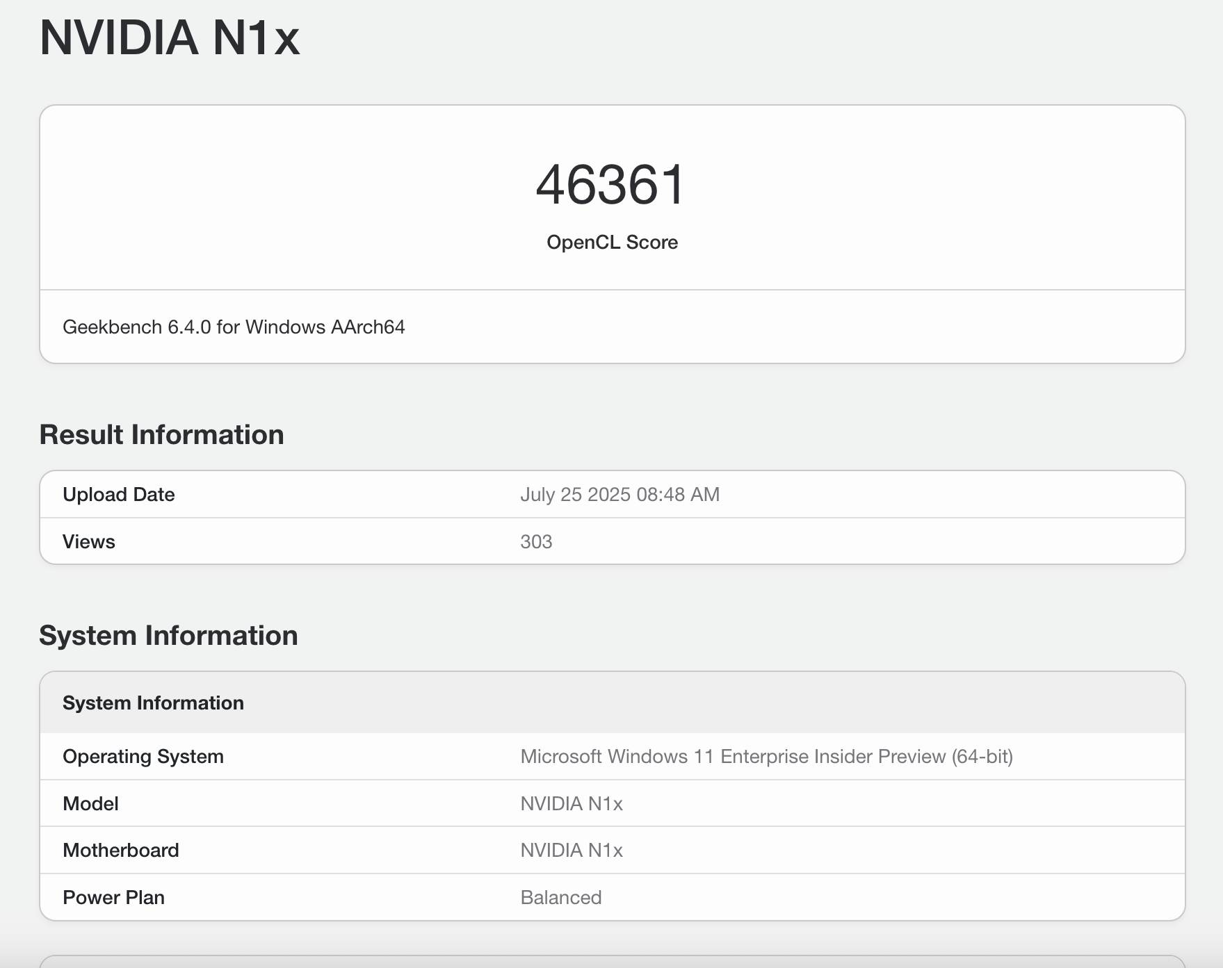 Screenshot of Nvidia N1X leaked benchmark on Geekbench
