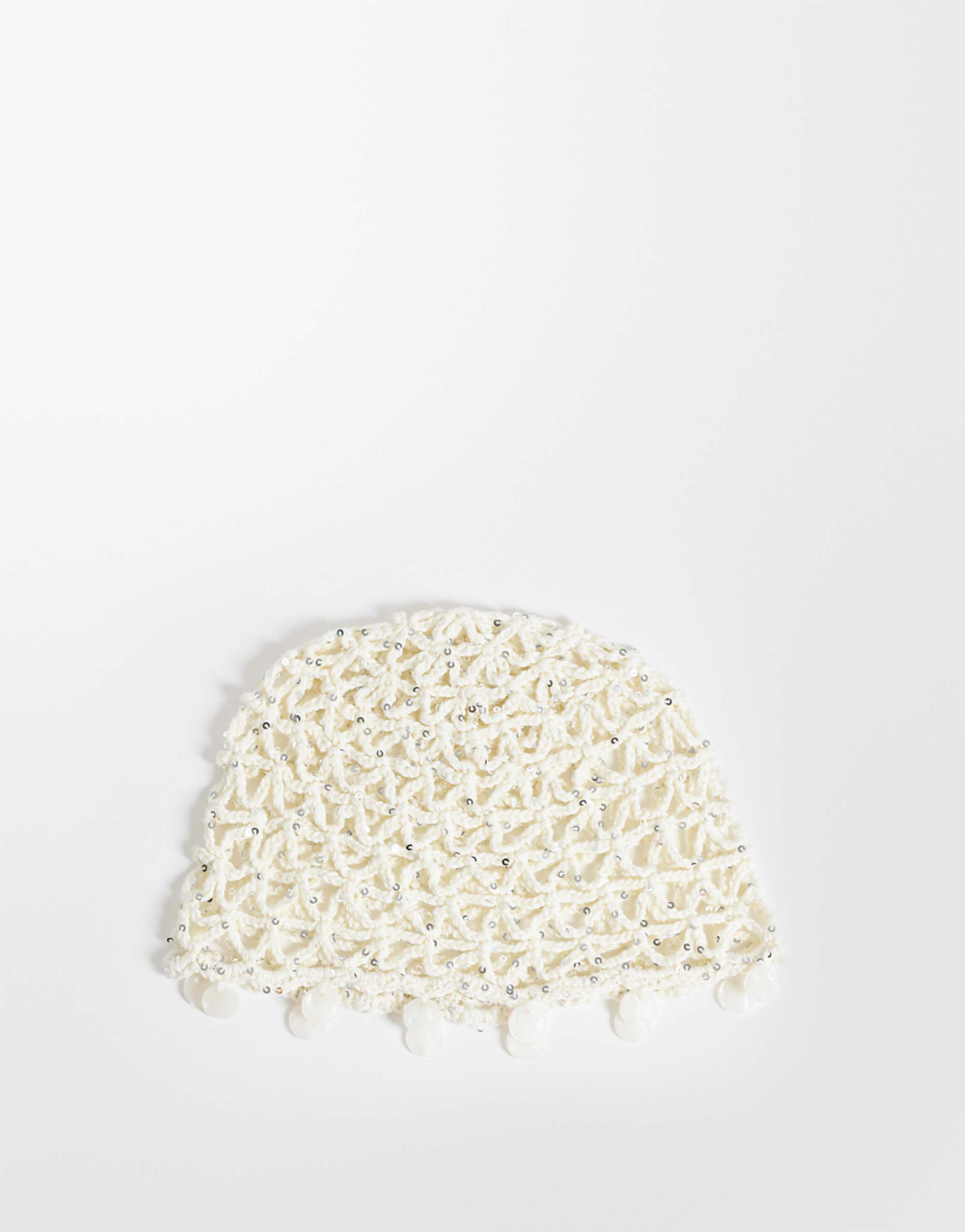 Asos Design Crochet Knitted Skull Cap With Faux Shell Trim in Natural