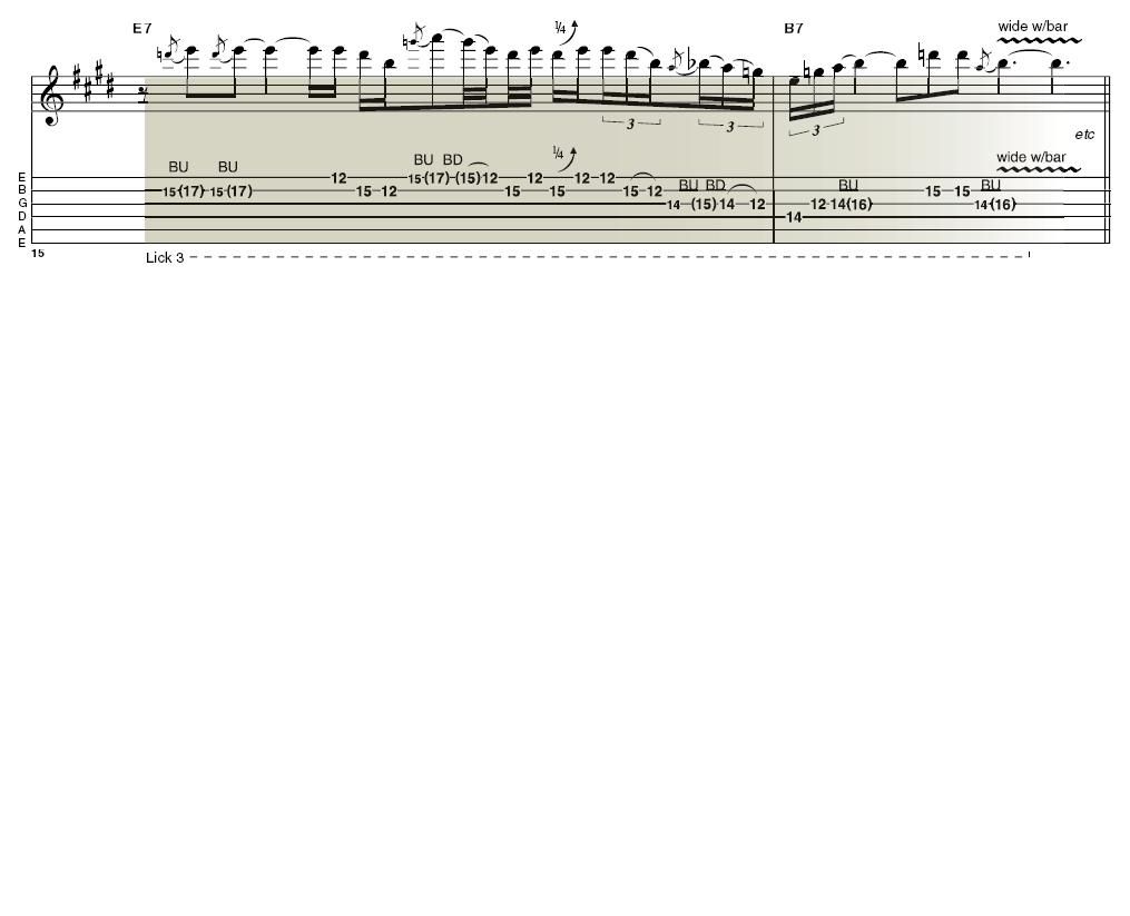 Lick 3: Towards the end of this lick the guitar's vibrato unit comes into play; not only where I use it to dip the solo's final notes, but also in the way that bending the third string makes the second string go slightly flat. You'll hear this quirk of the Stratocaster in many of Jimi's solos. It doesn't offend me at all; it's simply a guitar and a guitarist in action, and what's wrong with that?