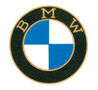 1927: the Bayerische Motorenwerke logo has bronze-soloured serif font surrounding the familiar Bavarian flag motif