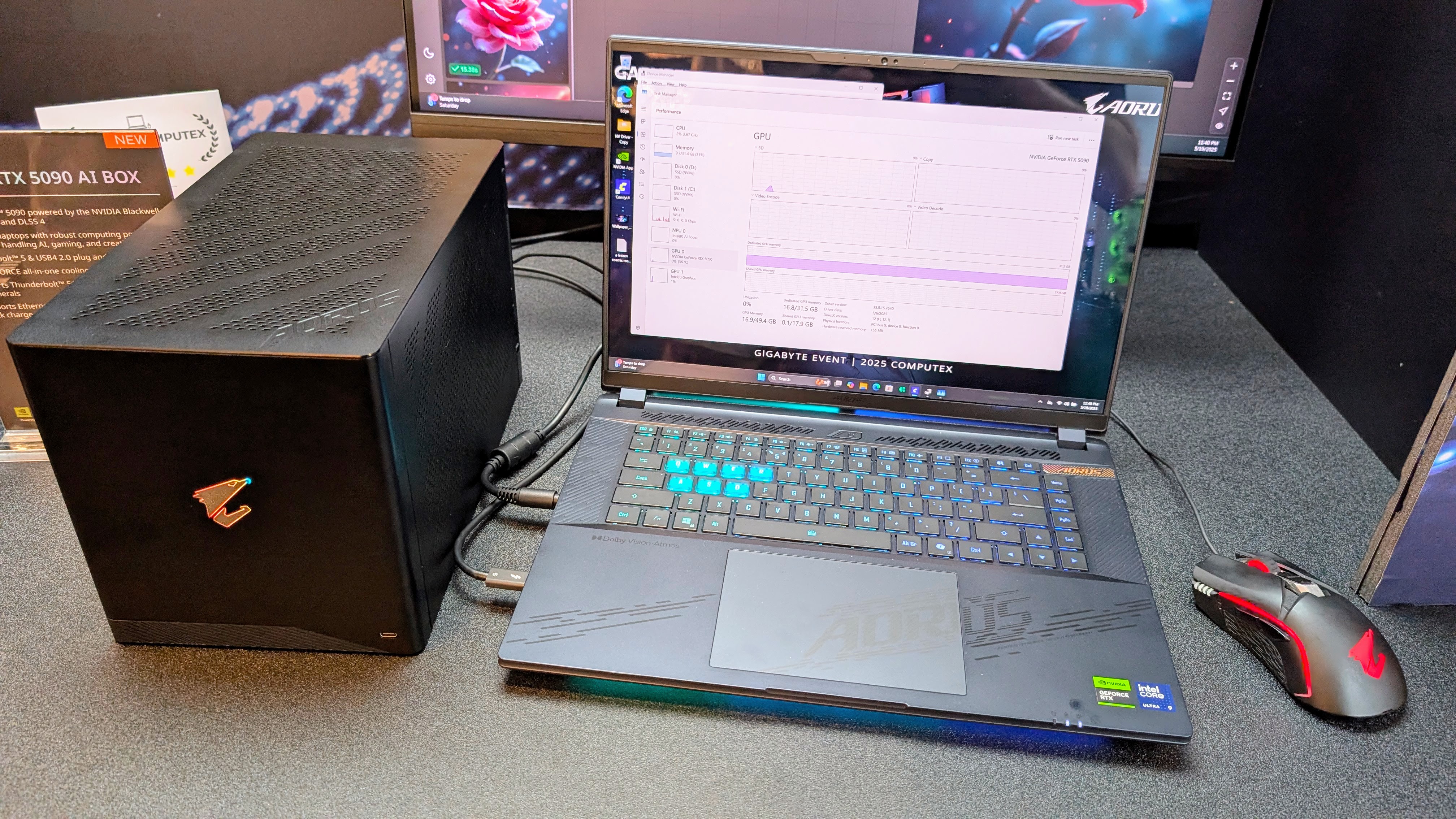 Gigabyte Aorus RTX 5090 AI box connected to laptop at Computex 2025