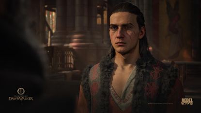 Coen looks at someone else in The Blood of Dawnwalker within some kind of church