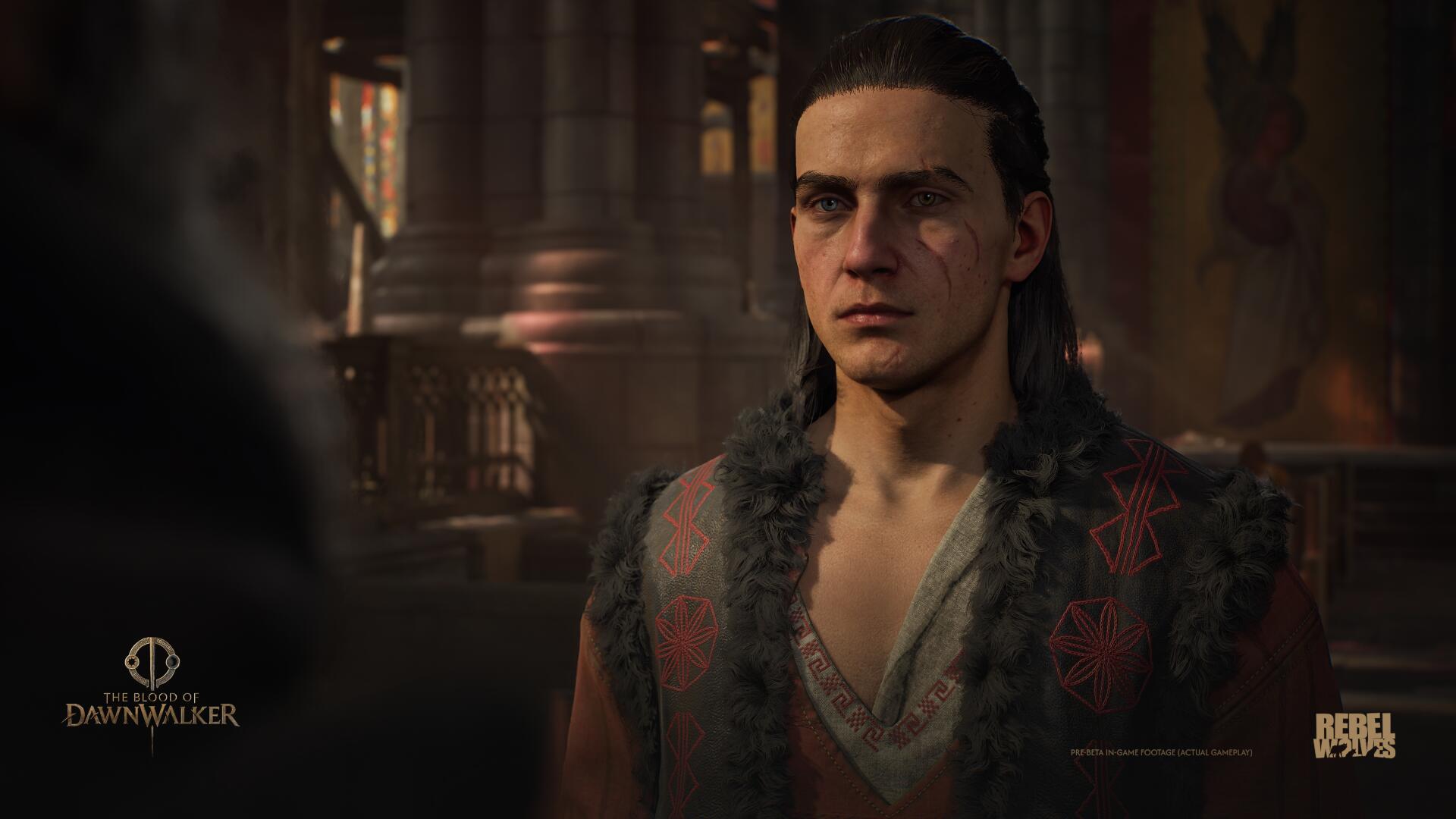 Coen looks at someone else in The Blood of Dawnwalker within some kind of church