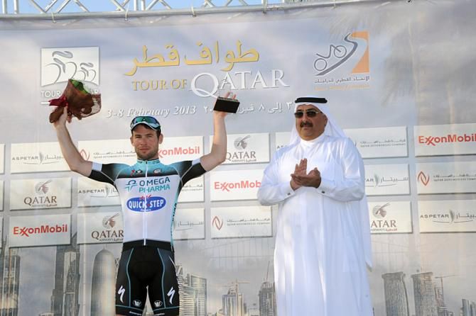 Stage 3 winner Mark Cavendish (Omega Pharma-Quick Step) on the podium.
