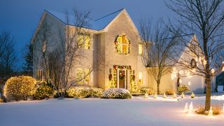 House exterior dressed with fair lights in bushes and on trees