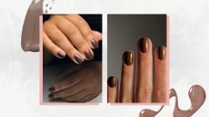 On the left is a close-up of two hands with a dark, chocolate brown manicure by nail artist Julia Diogo (@paintedbyjools) and on the right, a close-up of a hand with a chestnut manicure by Mateja Novakovic (@matejanova). Both featured on a white and grey marbled template with brown nail polish spills.