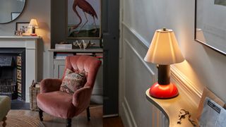 portable blossom lamp on a hallway shelf and in a cosy sitting room