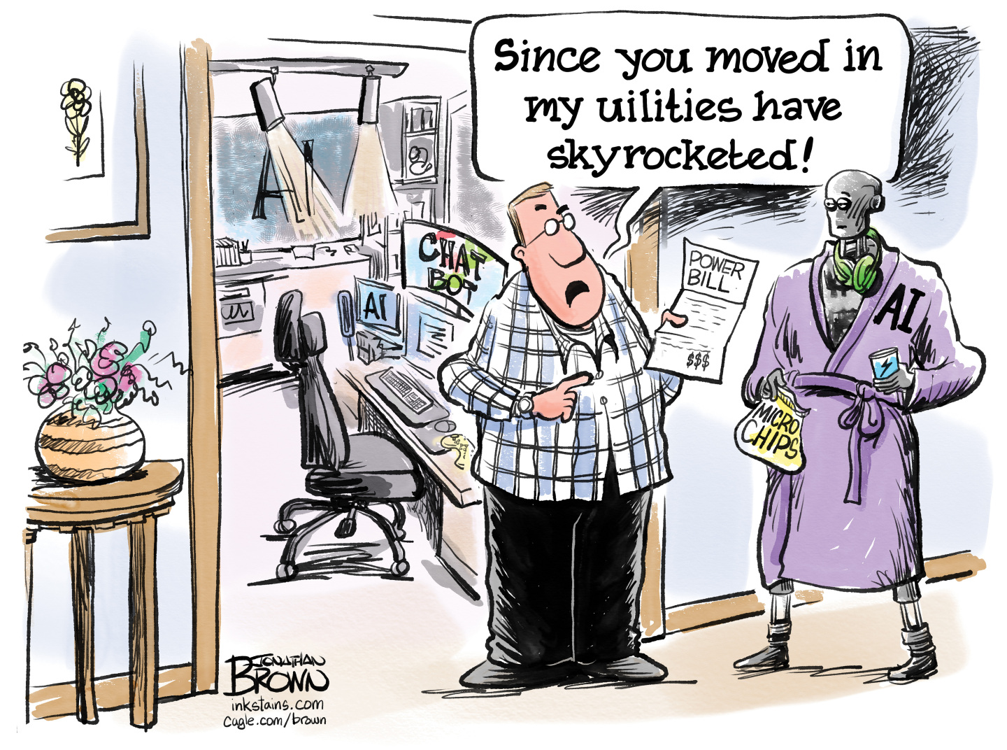 A man stands in his home holding a power bill and looks concerned. He speaks to a robot in a robe with the words &amp;ldquo;AI&amp;rdquo; who wears headphones, and carries a bag of &amp;ldquo;micro chips.&amp;rdquo; The robot looks like it lives in the home. The man says, &amp;ldquo;Since you moved in my utilities have skyrocketed!&amp;rdquo; The room in the background shows a computer with multiple monitors that display AI applications and a chatbot.