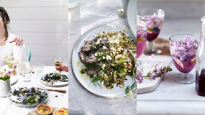 composite image showing a woman at a dining table on the left with plates of food, a plate of lamb and rice in the middle and some pink floral drinks on the right