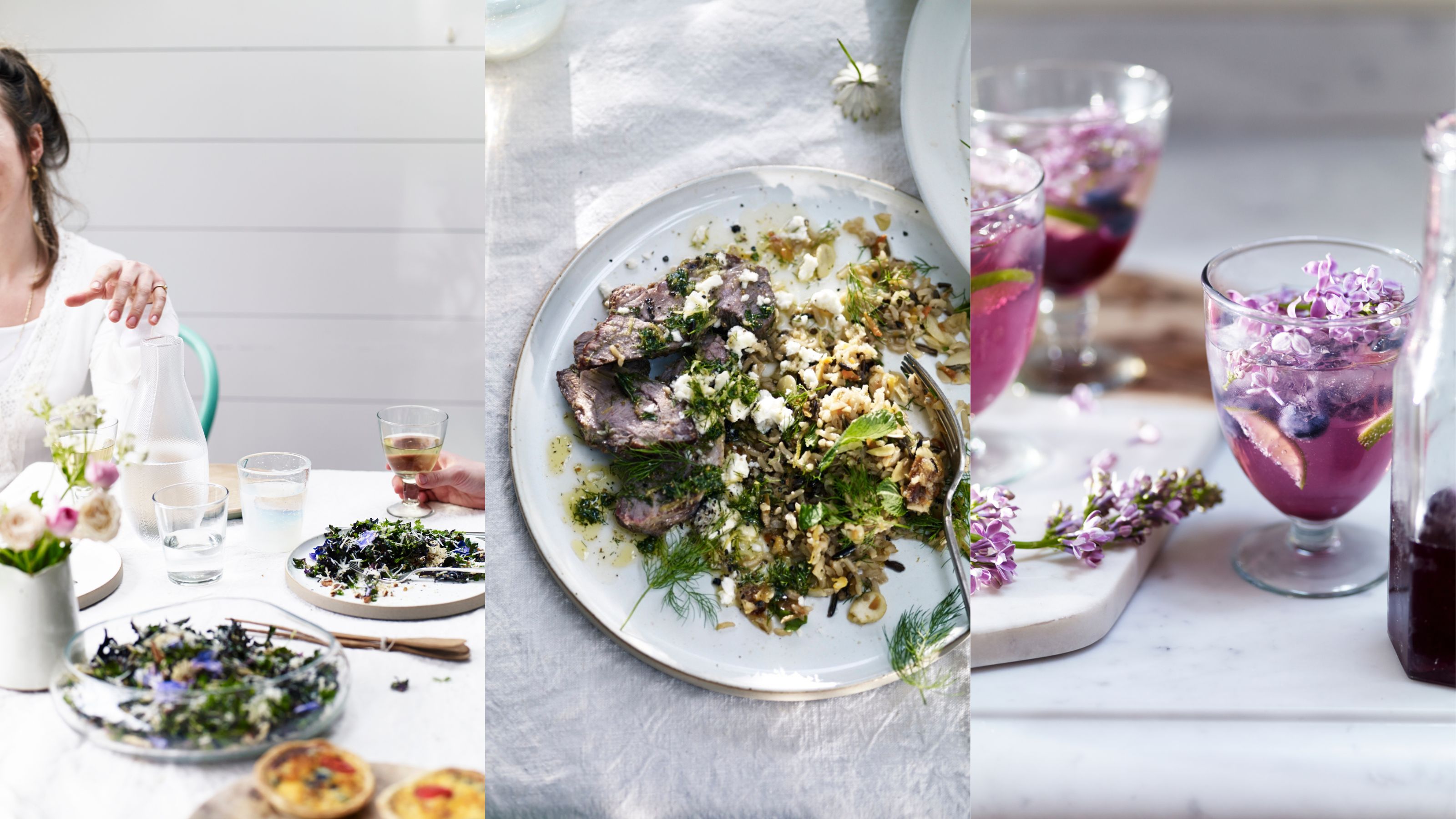 composite image showing a woman at a dining table on the left with plates of food, a plate of lamb and rice in the middle and some pink floral drinks on the right