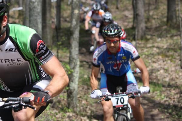 Nathan Guerra (left) leads Brian Eppen (70; Mercy-Specialized), Tristan Schouten, Darrin Braun and Brian Matter through the first sections of singletrack at WORS Crystal Lake Classic.