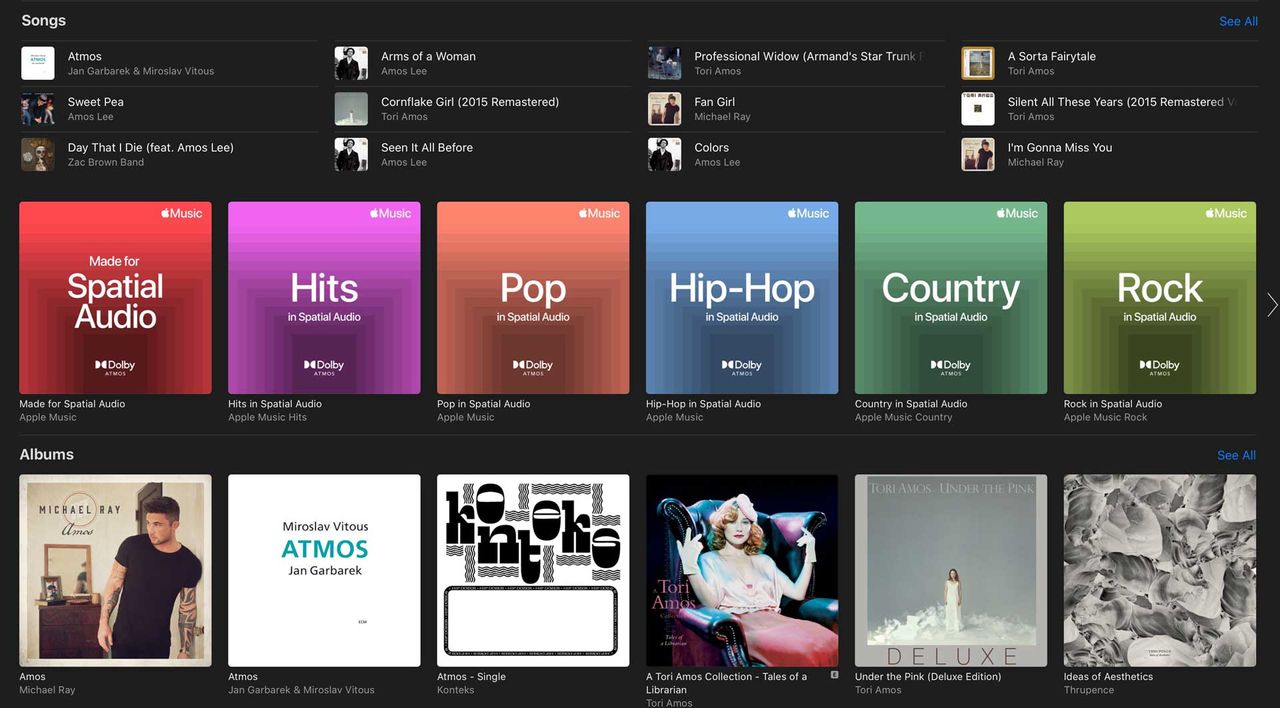 A screenshot of the Dolby Atmos library on Apple Music. It shows two rows of tiles.
