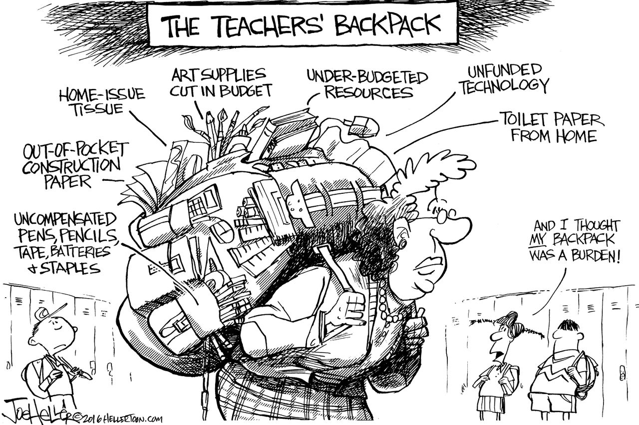 Editorial cartoon U.S. The teacher&amp;#039;s backpack