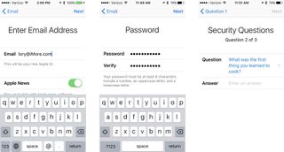 Entering security questions for new Apple ID on iPhone