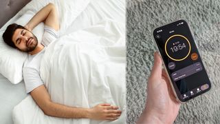 On the left, a man lies on his back sleeping. On the right, a close up of a hand holding a phone showing a timer counting down from 20