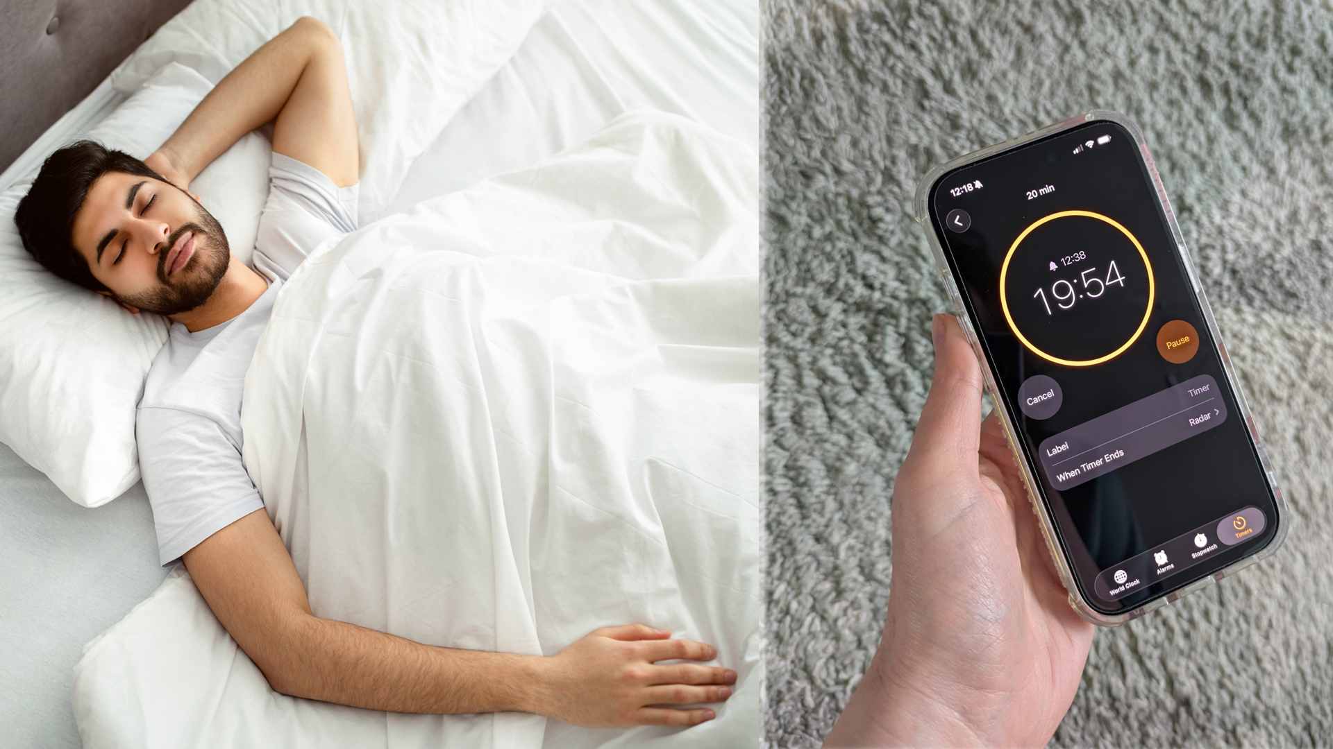 On the left, a man lies on his back sleeping. On the right, a close up of a hand holding a phone showing a timer counting down from 20