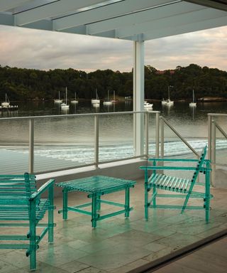 outdoor seating area on terrace overlooking sydney harbour