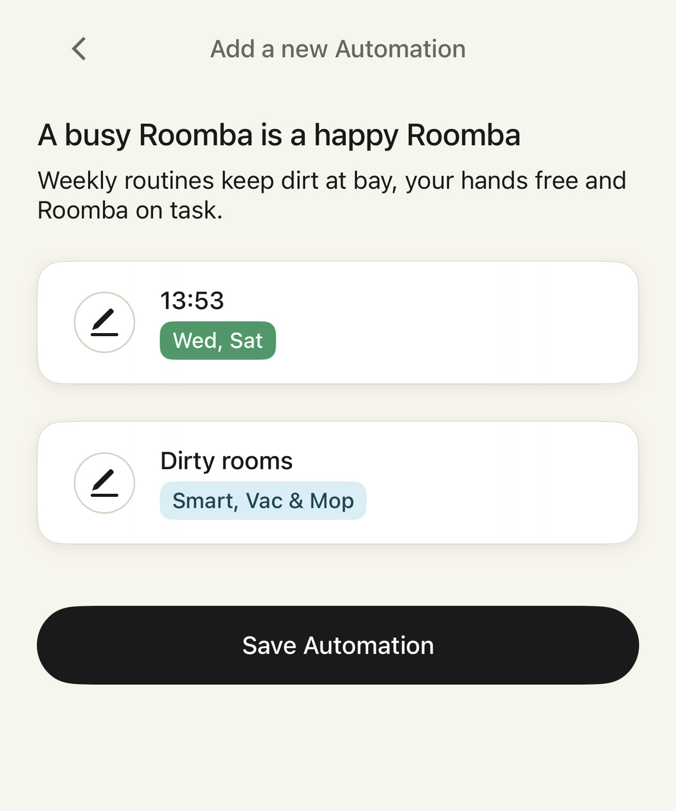 Screenshot shows the automations options in the Roomba 705 app
