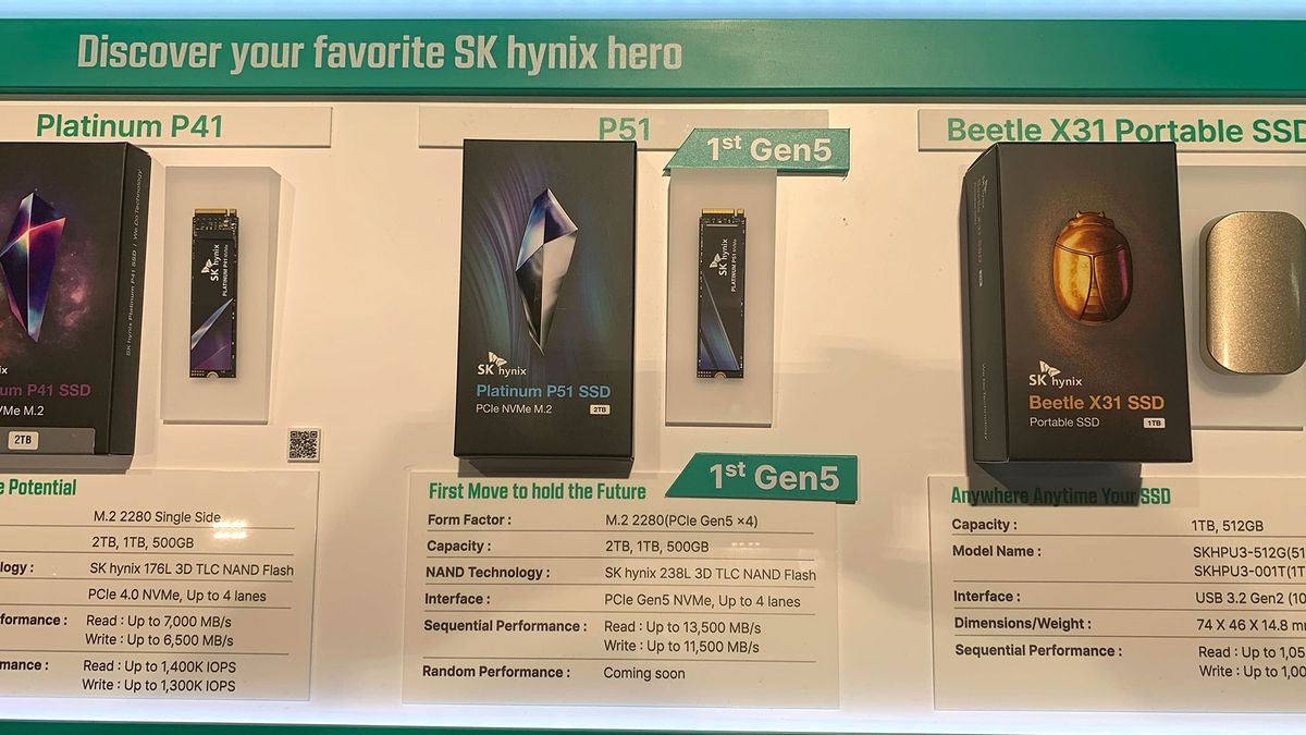 SK hynix Platinum P51 shown at GTC 24, along with previous gen SSDs.