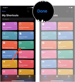 Organize shortcuts in library, showing how to move a shortcut, then tap Done