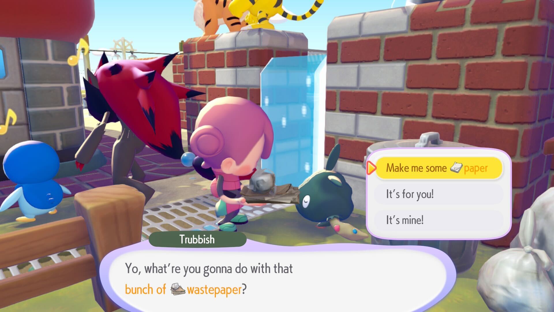 Giving Trubbish some wastepaper to turn into paper in Pokemon Pokopia