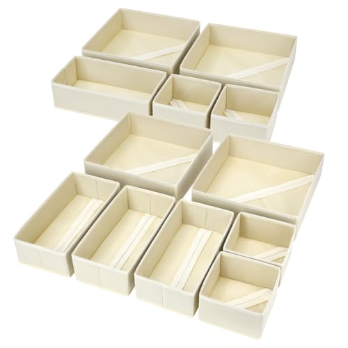 Dimj Drawer Organizer Clothes, 12 Pack Dresser Organizer for Nursery, Baby Clothes, Underwears, Sock, Fabric Dresser Bins, Drawer Dividers, Foldable Closet Organizers and Storage(beige)
