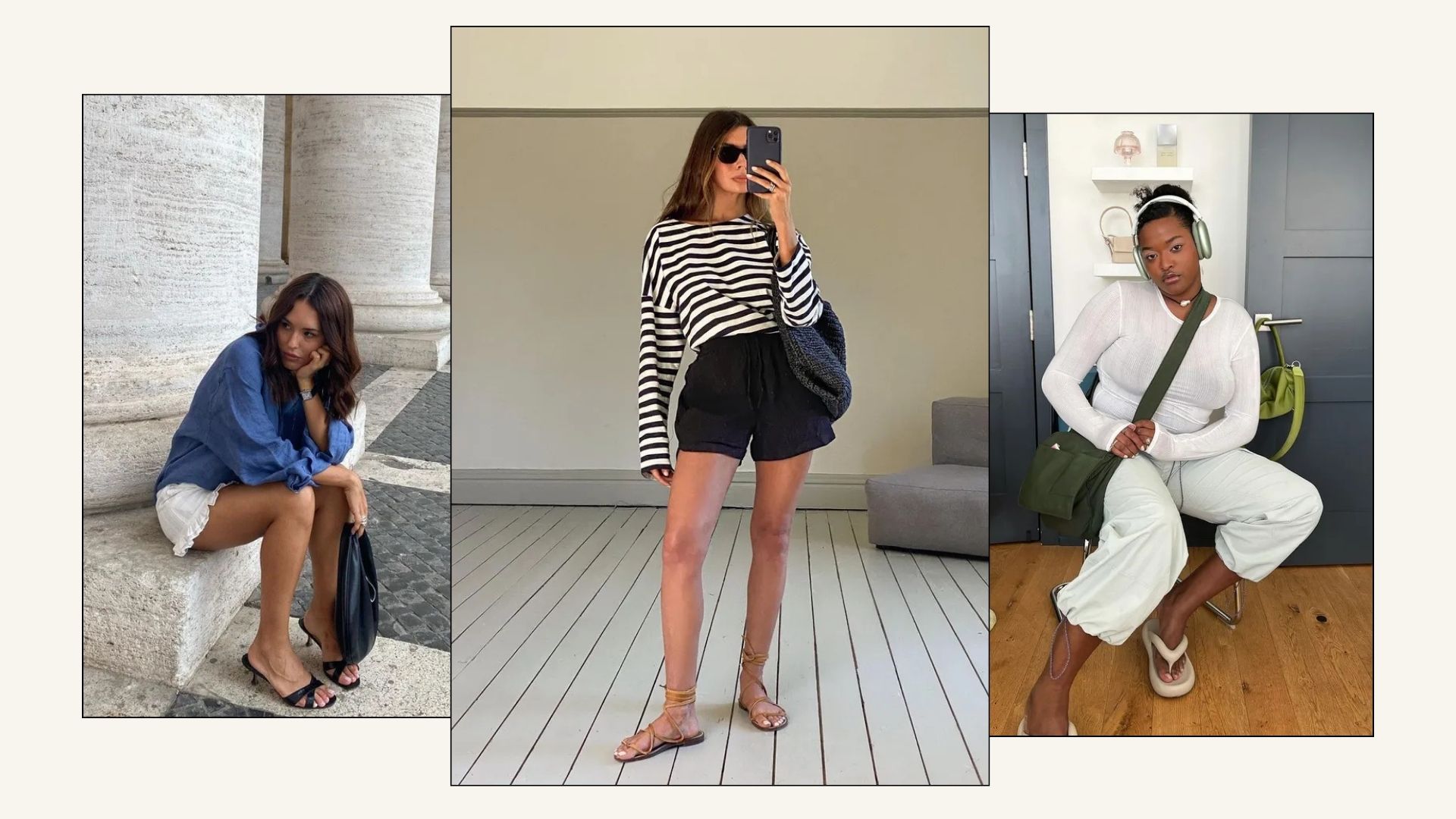 Three women wear trending sandals of 2025