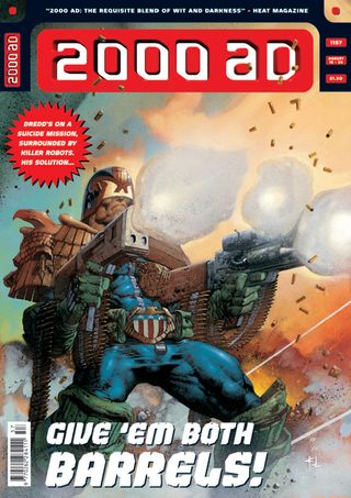 Big guns. Check. Bullets flying all over M-C 1. Check. It's a Dredd cover!