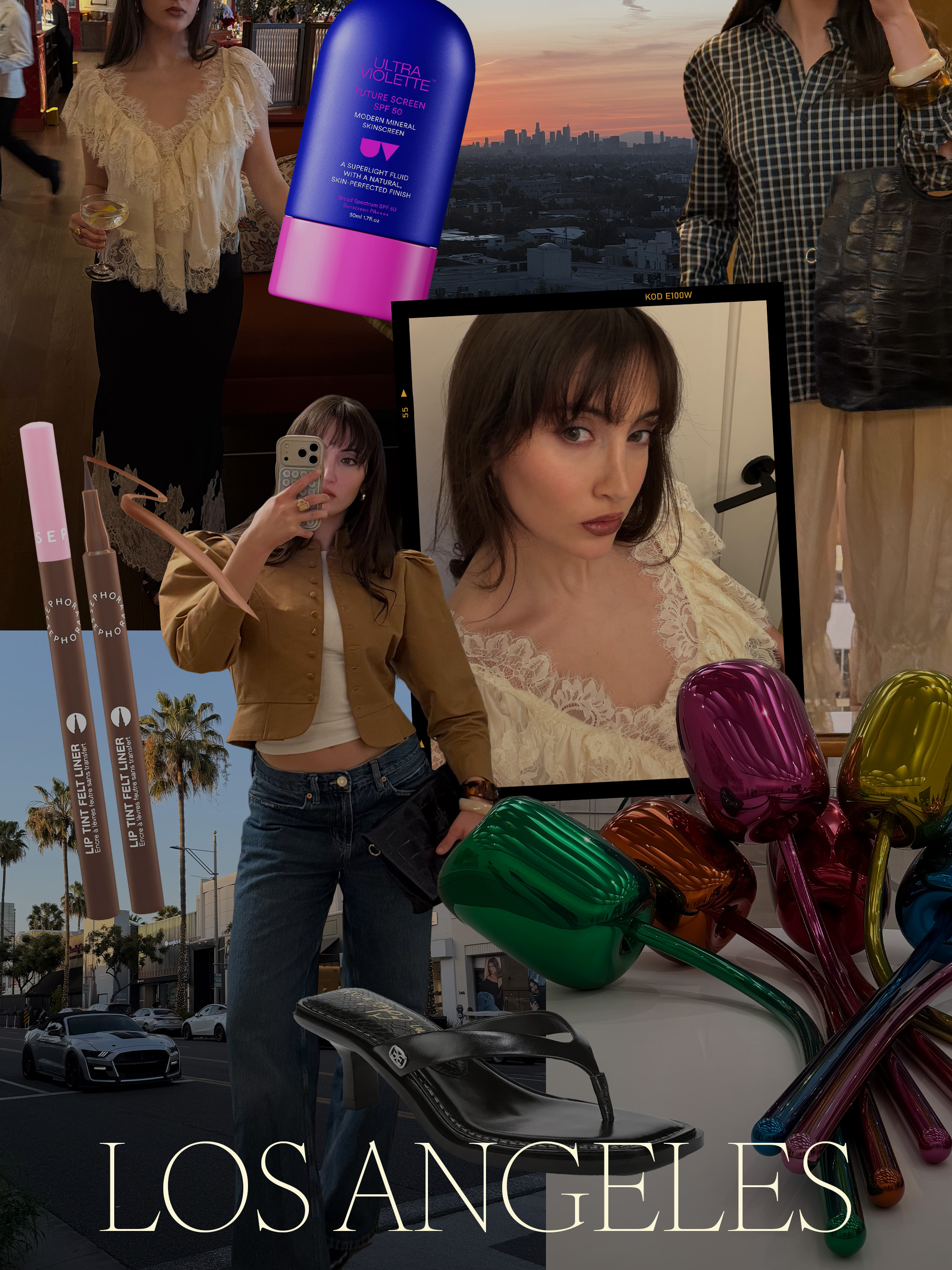 A collage of images of Alyssa Brascia in Los Angeles, overlaid with beauty products she packed and clothing she wore on the trip.
