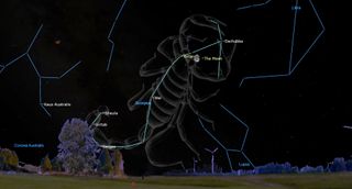 a giant transparent scorpion hangs in the night sky, a small moon at its mouth. blue lines trace labeled stars to show constellations.