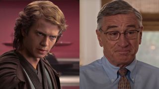 Hayden Christensen looking grim in Revenge of the Sith/Robert De Niro smiling in The Intern