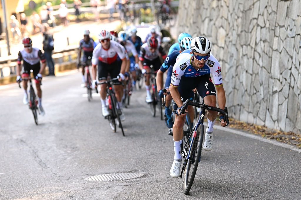 LEGNANO ITALY OCTOBER 03 Julian Alaphilippe of France and Team QuickStep Alpha Vinyl attacks in the breakaway during the 103rd Coppa Bernocchi GP BPM 2022 a 1907km one day race from Legnano to Legnano CoppaBernocchi on October 03 2022 in Legnano Italy Photo by Dario BelingheriGetty Images