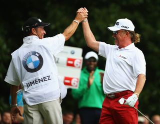 Miguel Angel Jimenez celebrates yet another hole in one at Wentworth