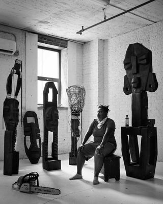 Portrait of artist Leilah Babirye in her Brooklyn studio with works in progress