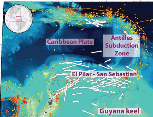 The image shows how the Caribbean plate is pushed to the east relative to the South American plate, causing the Caribbean Islands&#039; distinctive arc shape. 