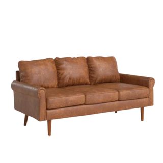 A brown three-seater leather look couch