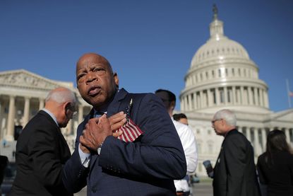 Rep. John Lewis thanks anti-gun violence supporters following a rally with fellow Democrats on the East Front steps of the U.S. House of Representatives October 4, 2017 in Washington, DC
