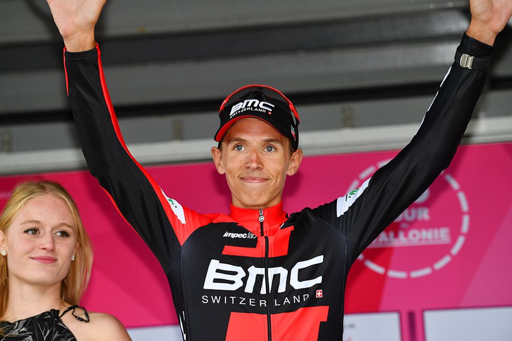 Dylan Teuns on the podium after winning stage 3 at Tour de Wallonie