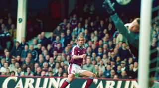 Best Premier League goals ever | LONDON, UNITED KINGDOM - MARCH 26: West Ham United player Paolo Di Canio fires in the first goal past Neil Sullivan during the FA Carling Premiership match between West Ham United and Wimbledon at Upton Park on March 26, 2000 in London, England, West Ham won the game 2-1 and Di Canio's goal was voted goal of the season.