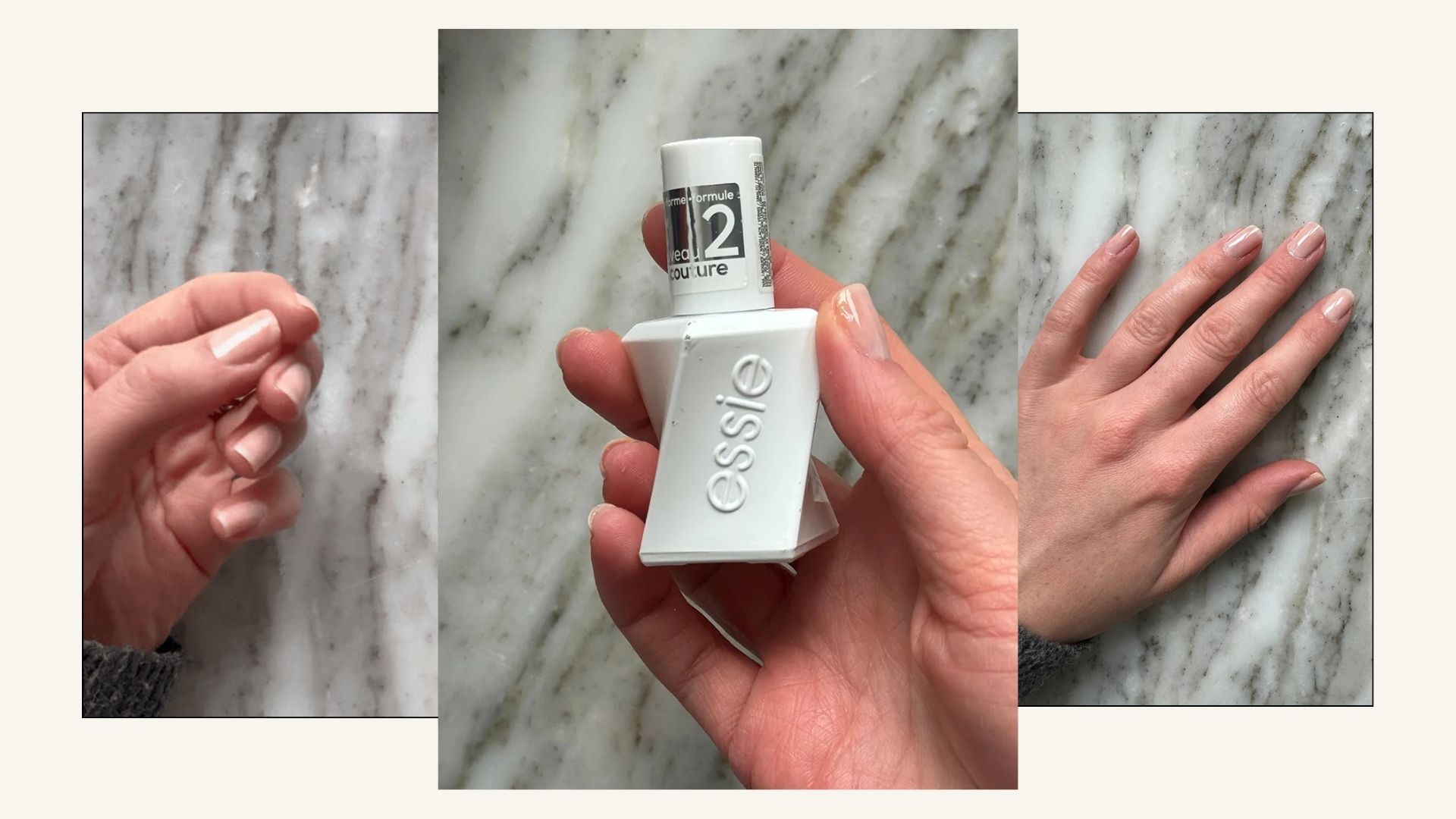 A collage with images of Eleanor's hand testing the Essie Gel Couture nail polish and top coat on her nails