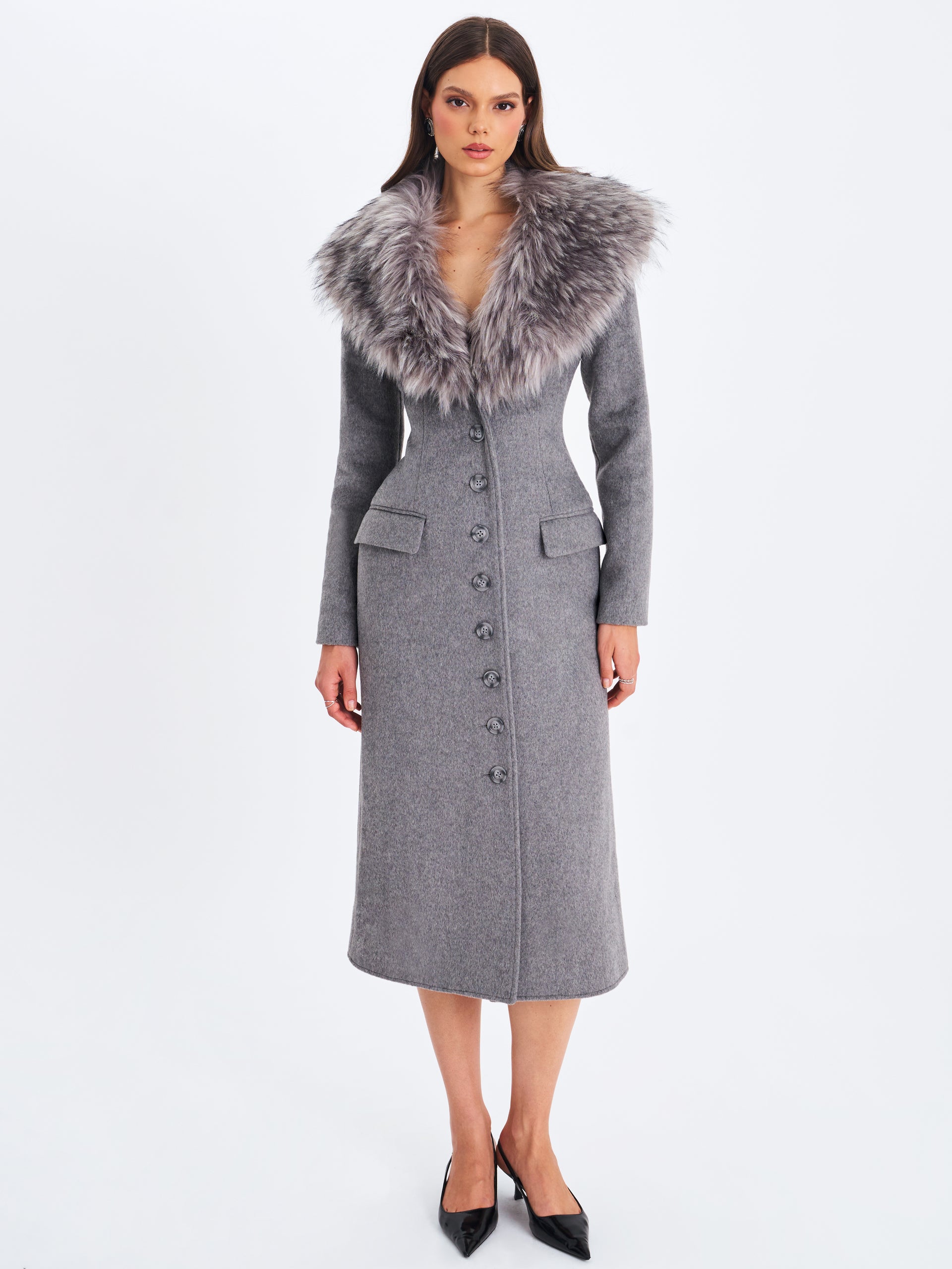Faye Grey Wool Blend Single-Breasted Coat With Removable Faux Fur Collar - Xs / Us 0-2