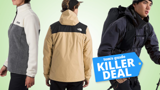 three jackets from Columbia, The North Face and Arc'teryx next to a Tom's Guide Killer Deal label