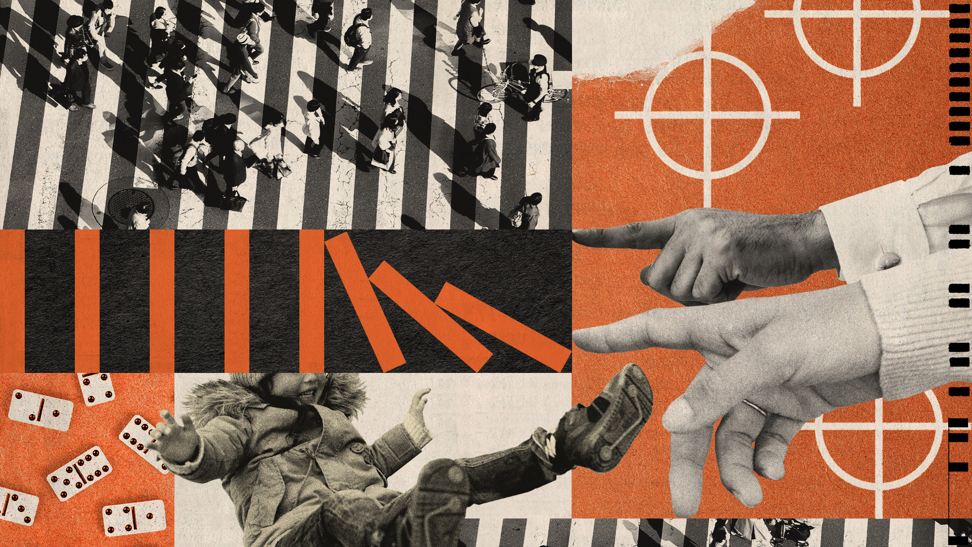 Photo collage of hands tipping over rows of dominos, a falling child, and crosswalks
