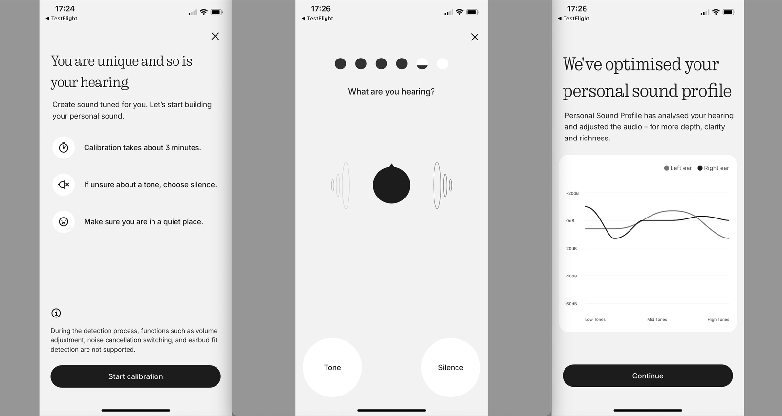 Nothing Ear (3) screen grab of three app images, showing the personal sound curation software